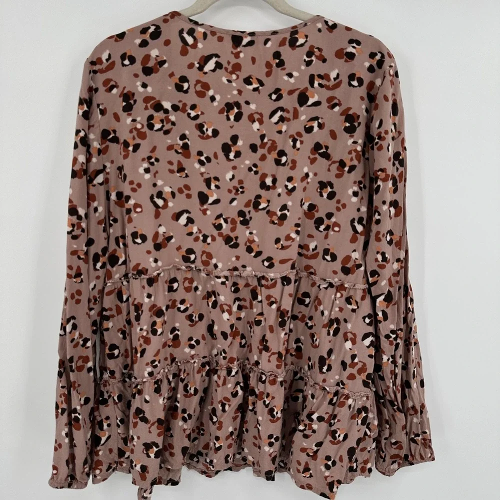 beachlunchlounge Shirt Womens XL Brown‎ Leopard Print Boho Tiered Ruffle V-Neck